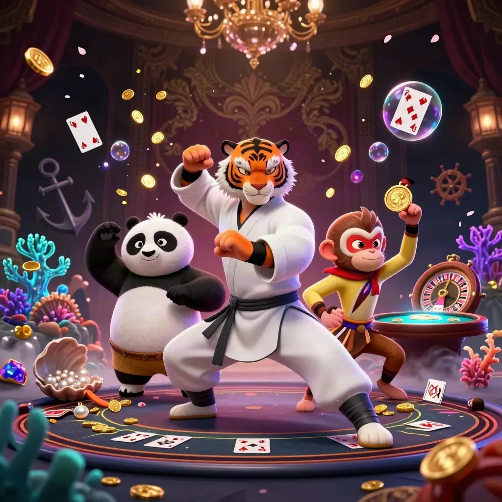 Kung-fu tiger, panda, and monkey in a luxe casino-treasure cove with glowing props and petals.