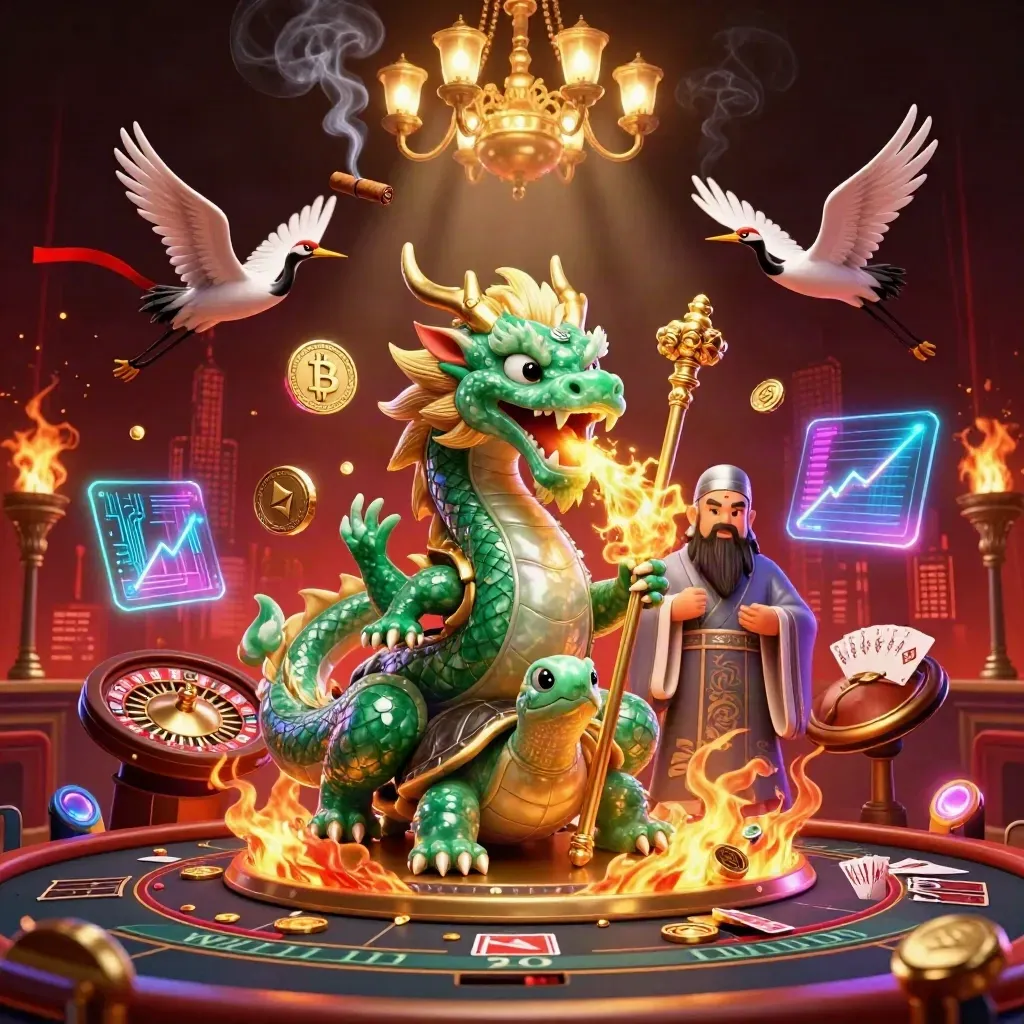 Emerald dragon, turtle sage, and cranes amid neon casino magic, coins, smoke, and city glow.