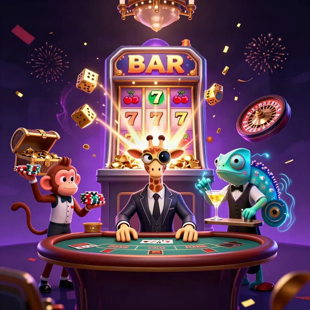 Giraffe, monkey, and chameleon amid slot burst, gold, smoke, and neon casino magic.