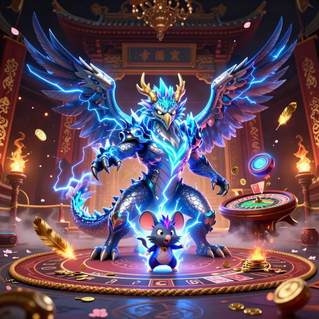 Thunder dragon, wind hawk, and static mouse in a luxe casino-temple scene with glowing effects.