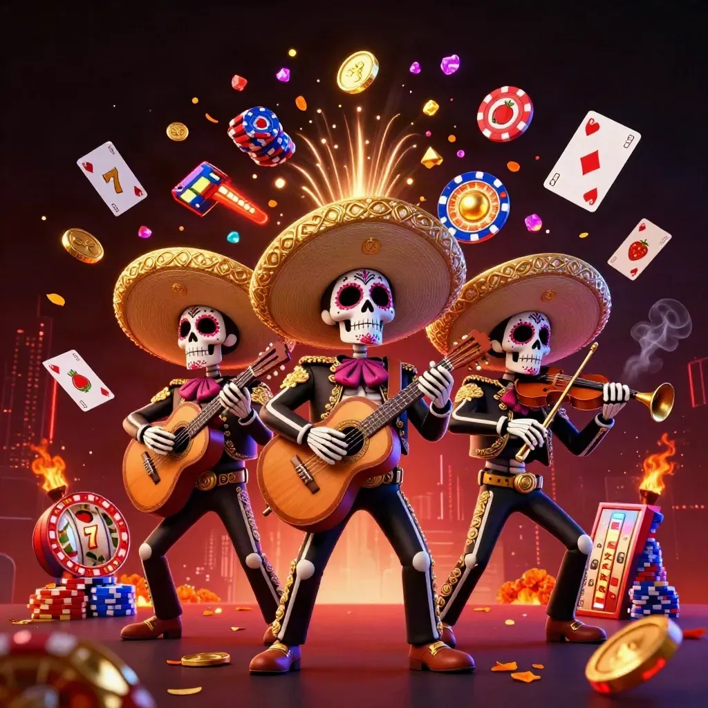 Skeleton mariachi trio amid coins, gems, chips, cards, and glowing casino effects.