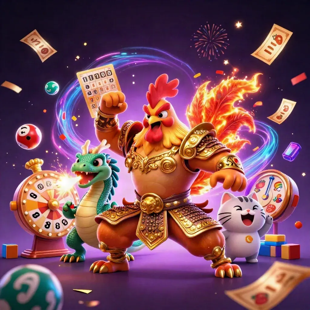 Armored rooster warrior, spark-breathing dragon hatchling, and fortune cat amid casino icons and neon magic.