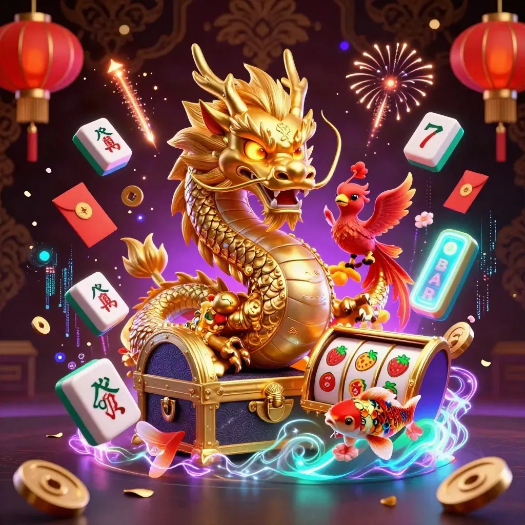 Golden dragon, phoenix and koi amid neon casino treasures on a dark burgundy damask background