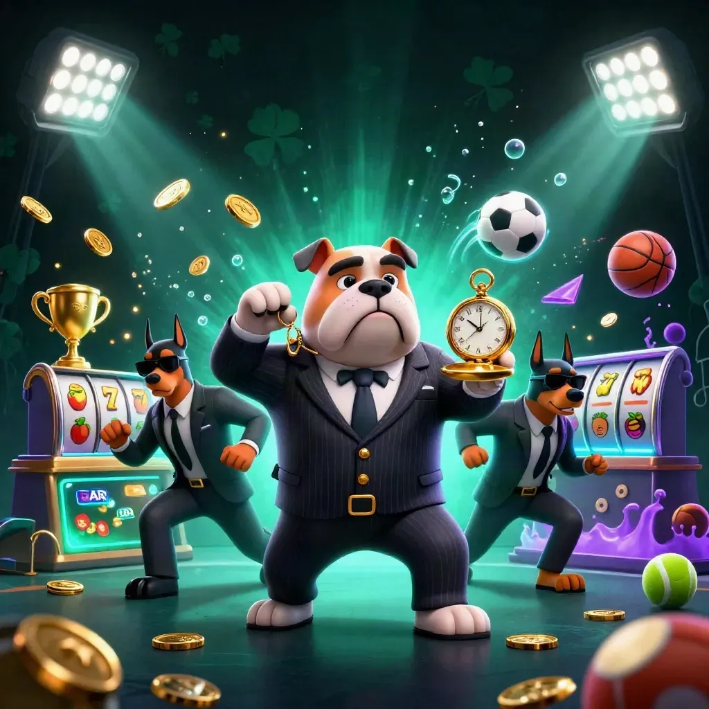 Bulldog mob boss and two Dobermans amid casino loot, sports balls, glowing teal effects