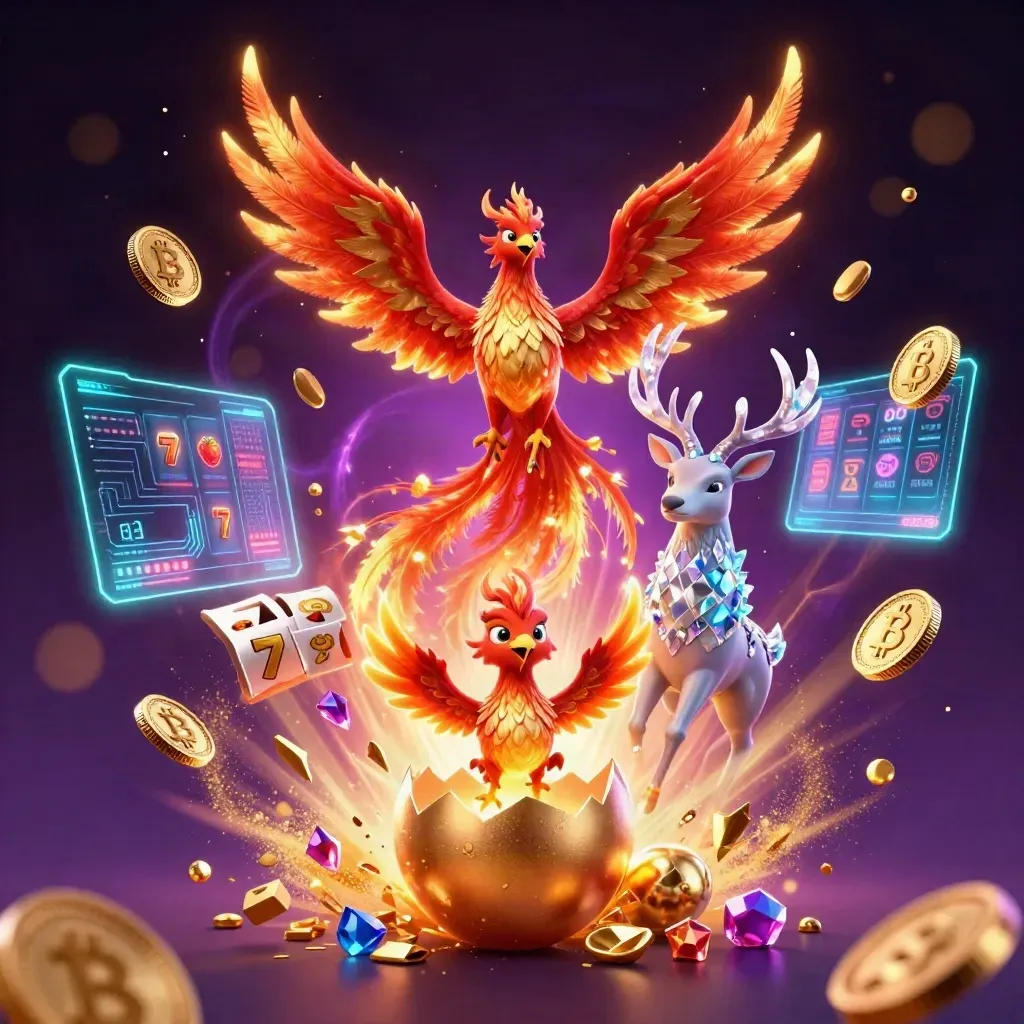 Phoenix, hatchling, and stag burst with coins, gems, and neon casino magic