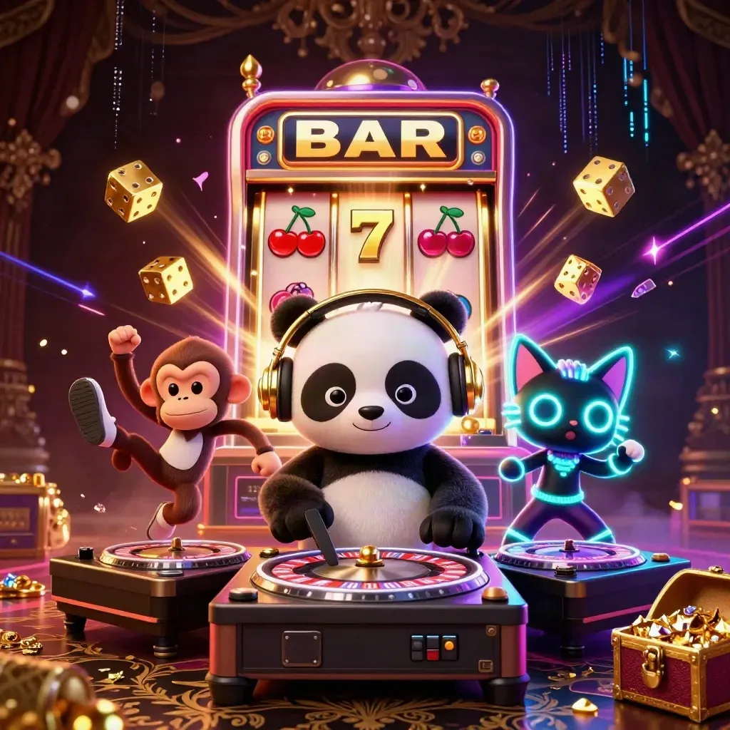 DJ panda, dancing monkey, and glow-stick kitten amid exploding casino riches