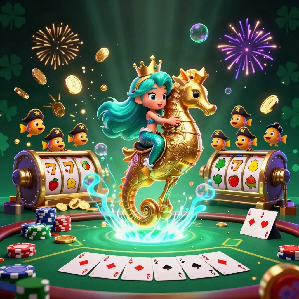 Mermaid princess on a golden seahorse amid slots, chips, coins, fireworks, and glowing underwater magic