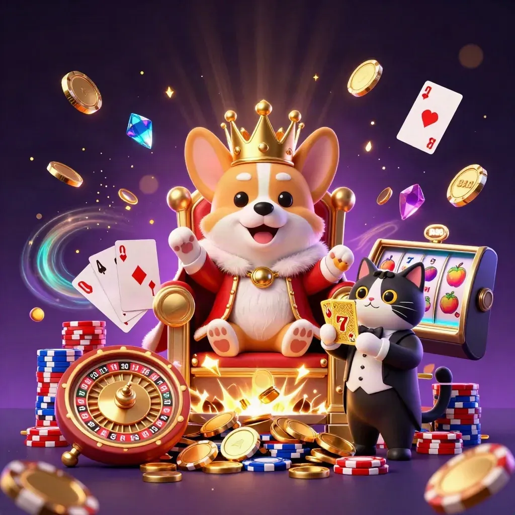 Royal corgi and cat butler amid exploding coins, reels, cards, chips, and neon casino magic.