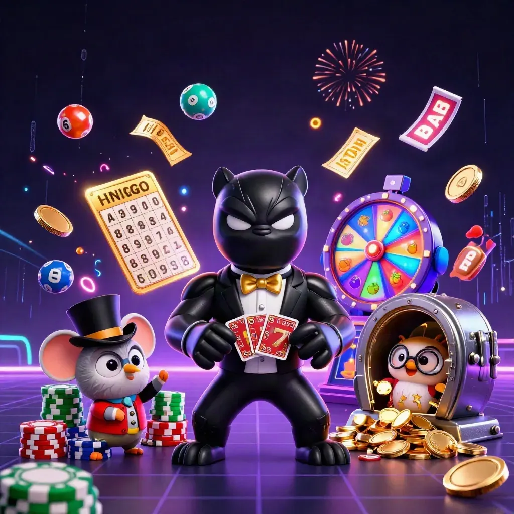 Panther, owl, and mouse amid slot symbols, coins, fireworks, and a neon casino vault burst.