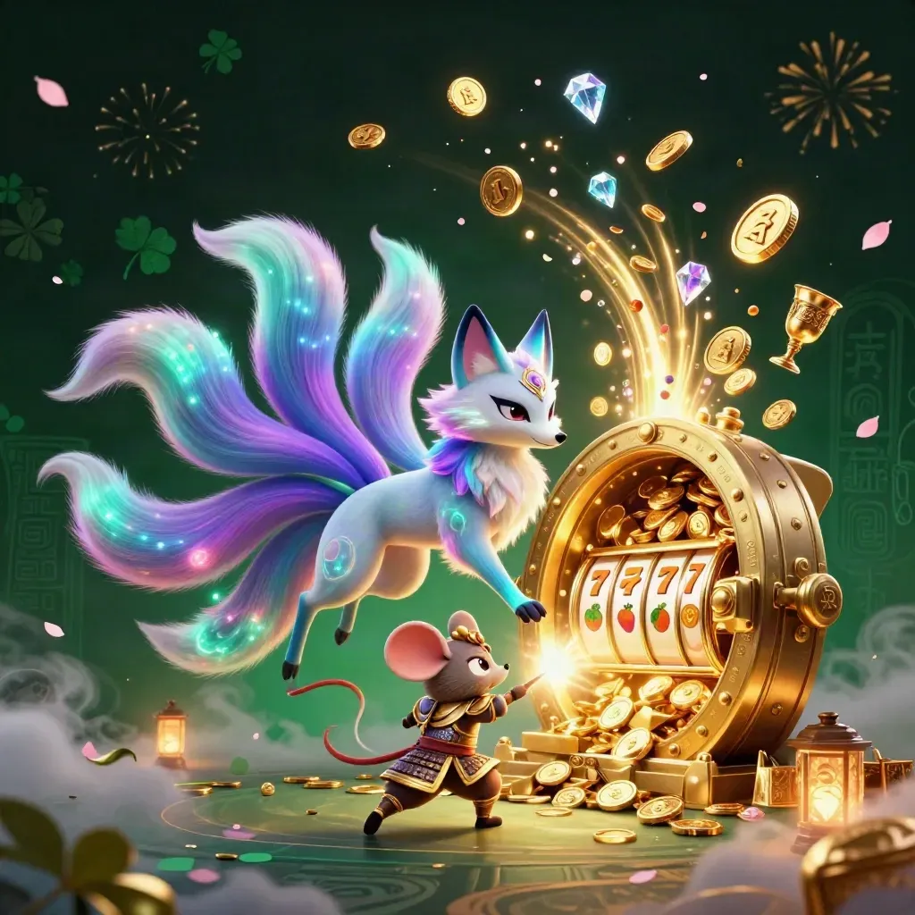 Fox spirit and armored mouse explode from a vault amid coins, gems, petals, and neon glow.