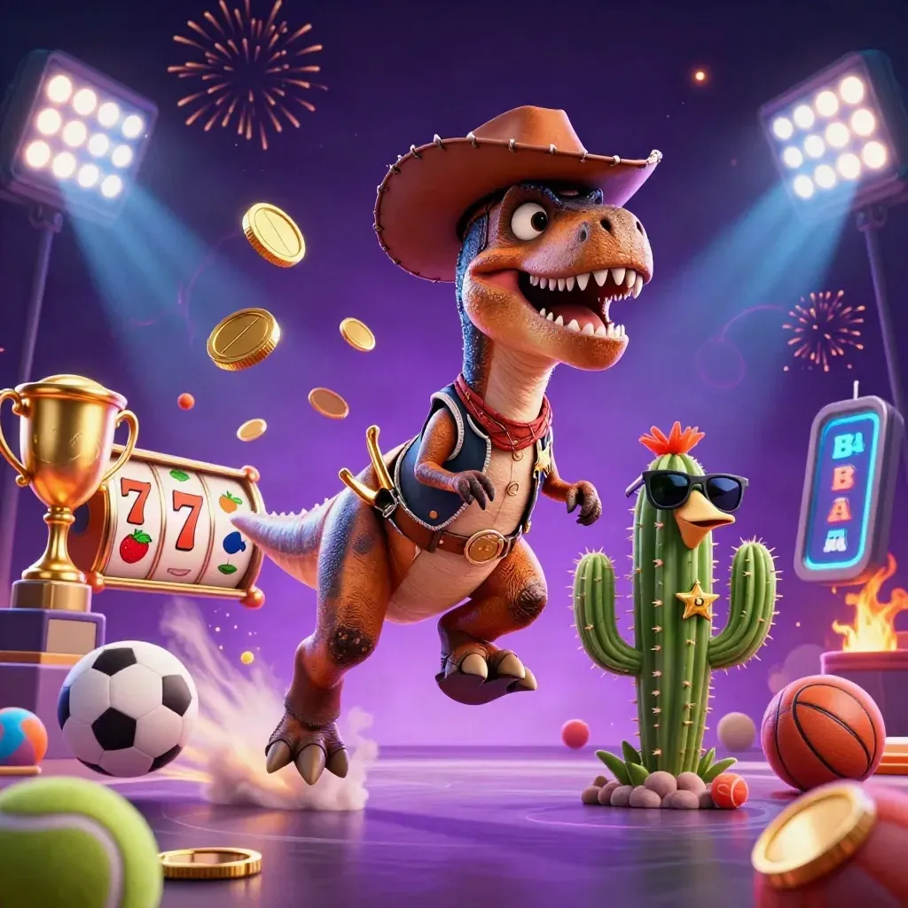 Cowboy T-Rex, cactus sidekick, and roadrunner burst through coins, reels, and fireworks
