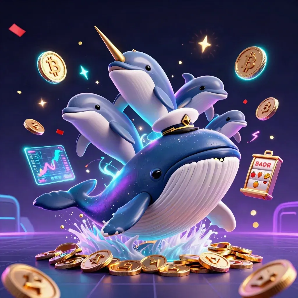 Whale captain, narwhal, and dolphins amid neon coins, slots, and casino lightning
