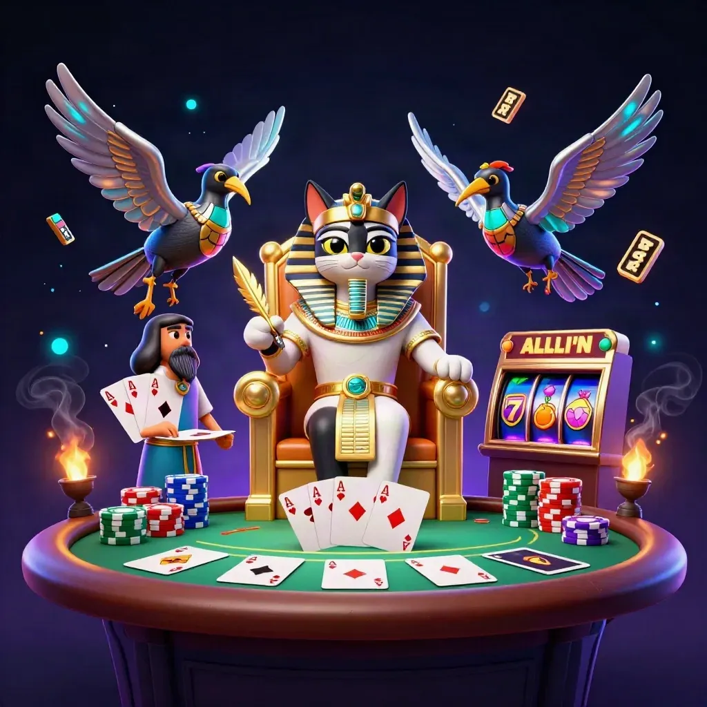Pharaoh cat on a throne with ibis scribe, scarabs, cards, chips, and neon casino glow