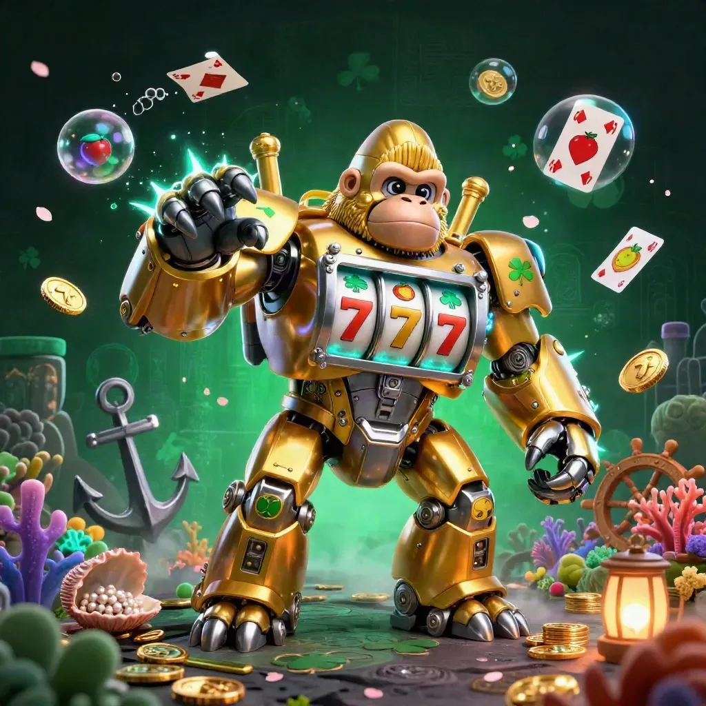 Golden gorilla slot-mech with tiny pilot amid treasure cove loot and glowing casino effects