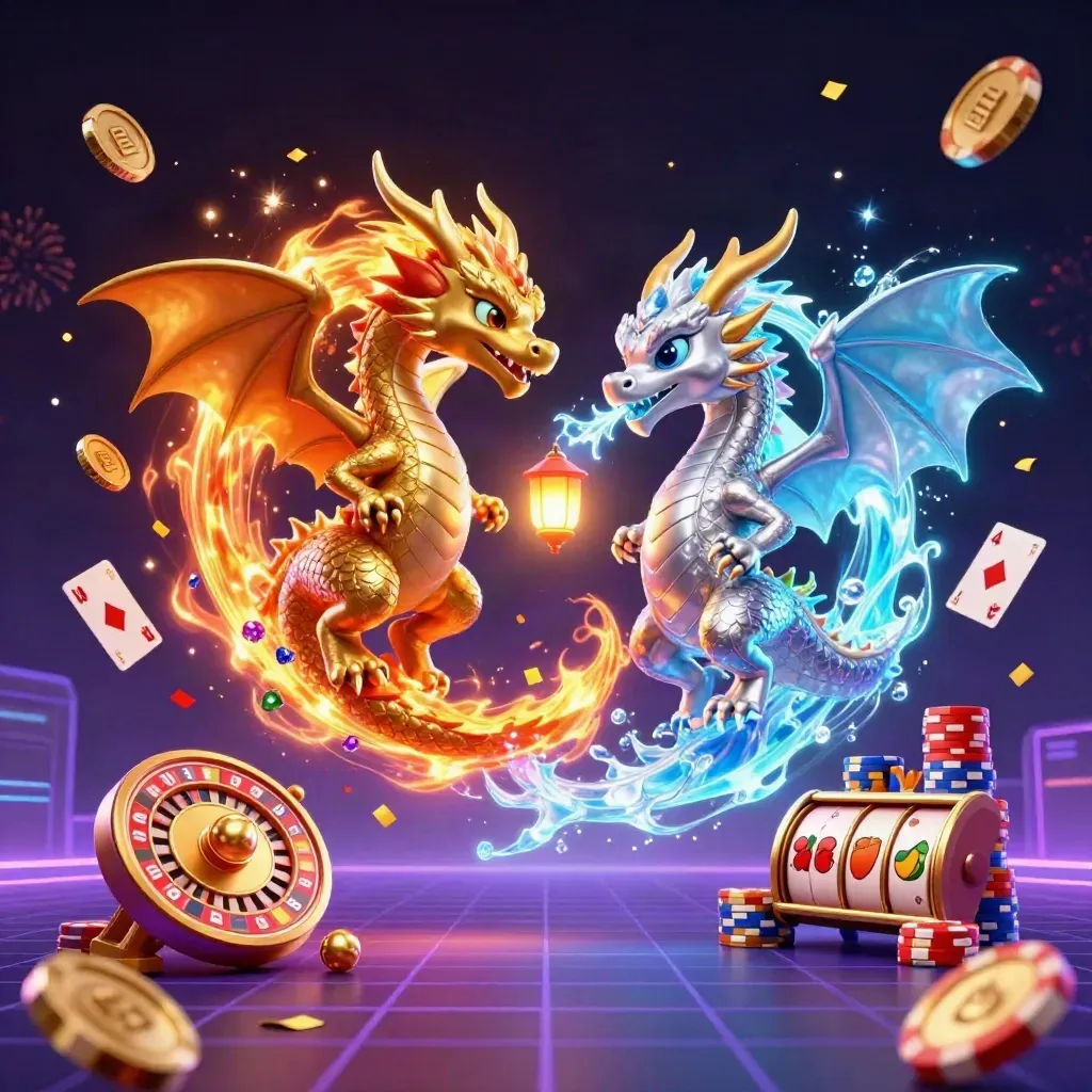 Gold and silver dragons twist in a neon casino burst with coins, cards, chips, and a tiny lantern spirit.