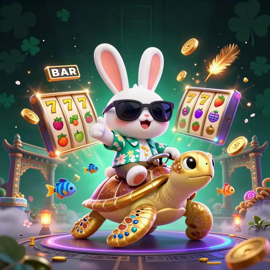 Lucky rabbit rides a jeweled turtle amid neon casino magic, coins, runes, and tropical chaos.