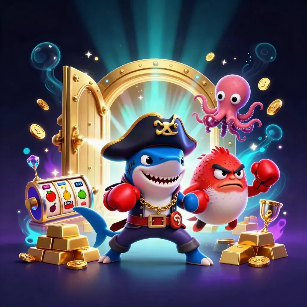 Pirate shark, boxing pufferfish, and coin-juggling octopus burst from a glowing gold vault in neon sea light.
