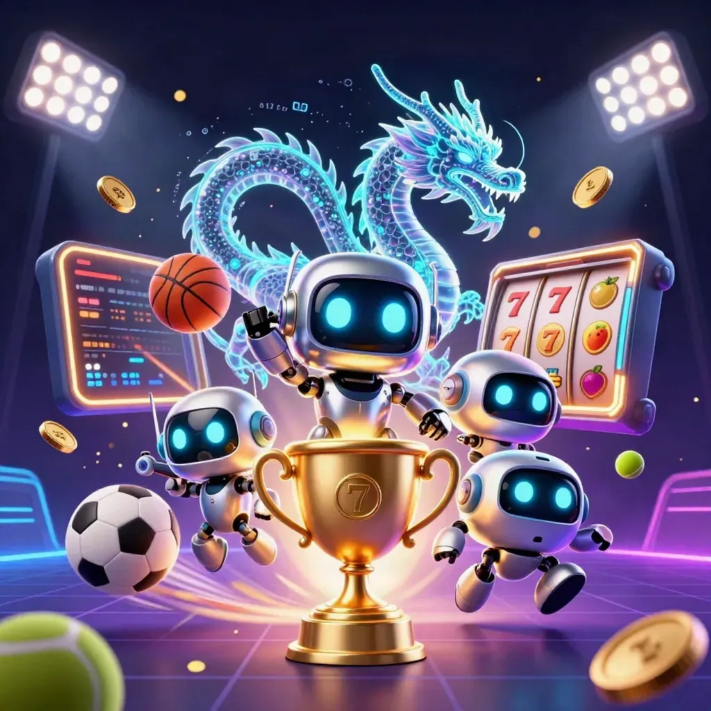 Cyberpunk robot, holographic dragon, and coin drone amid sports balls, coins, and slot sparks.