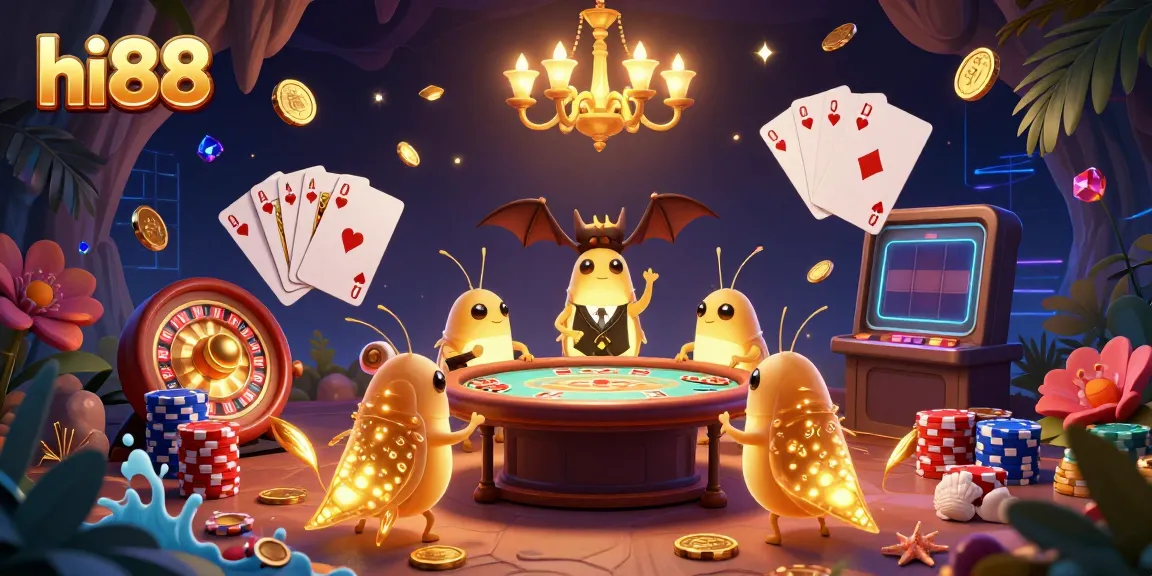 Experience the excitement of hi88 with glowworms illuminating a vibrant cave casino scene filled with games and winning chances.