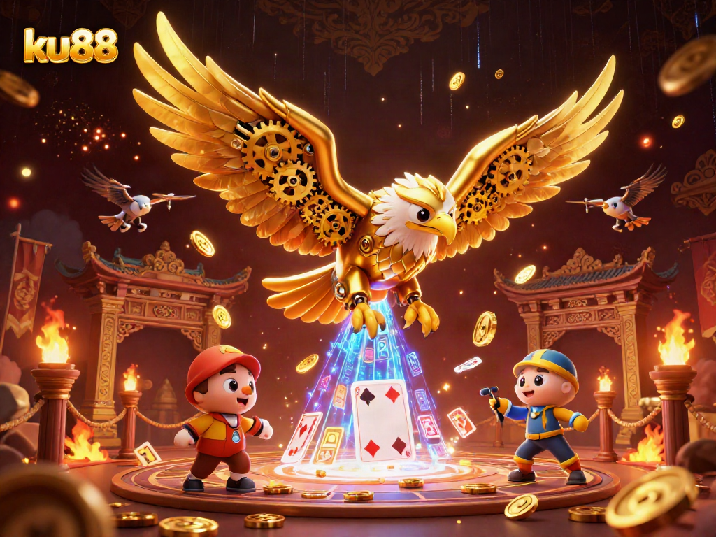 Experience the thrilling world of ku88 with a cybernetic eagle soaring through a vibrant casino atmosphere.