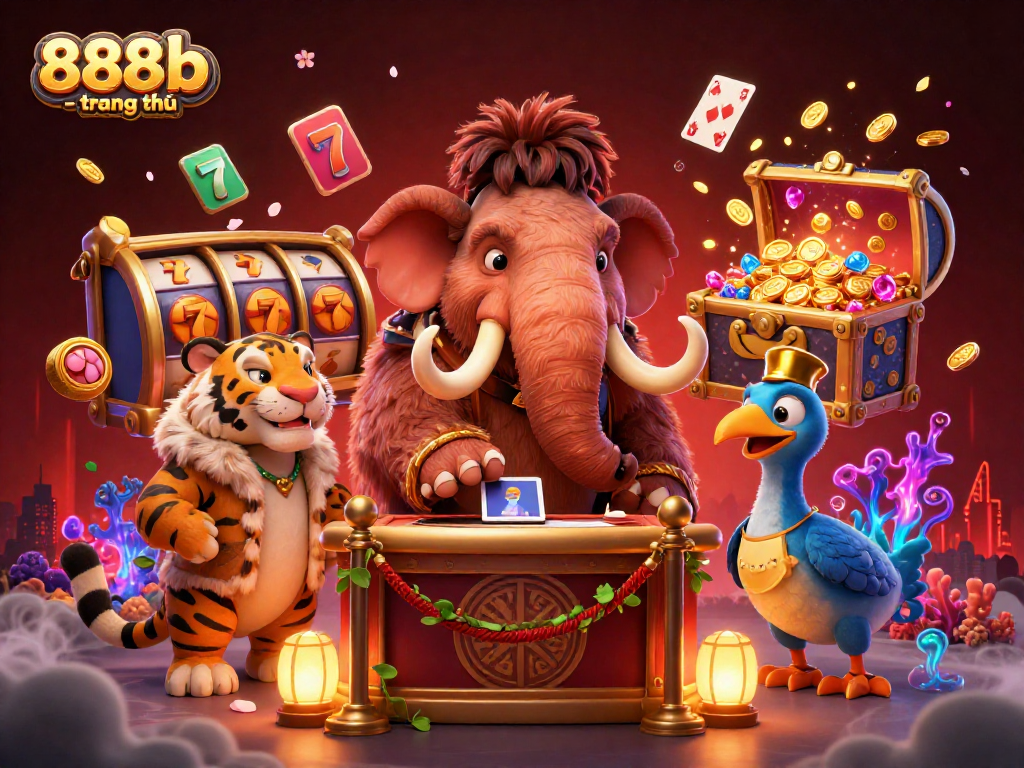 Engage with 888b - trang chủ as a mammoth checks ID, with vibrant casino elements swirling around.