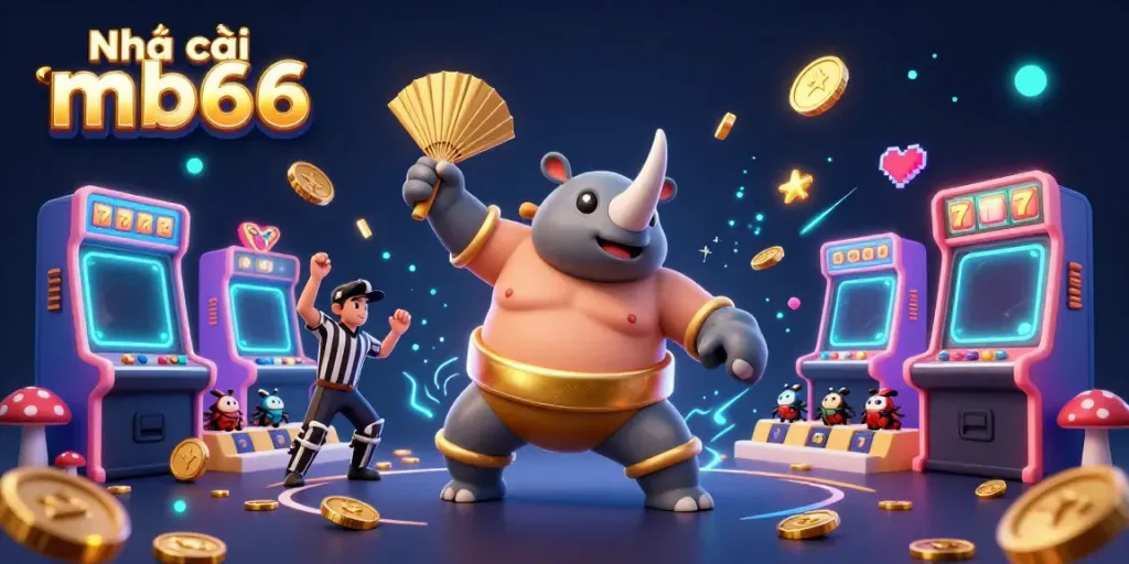 Experience the excitement at Nhà cái mb66 with a dynamic illustration showcasing a beetle sumo champion amidst thrilling casino elements.