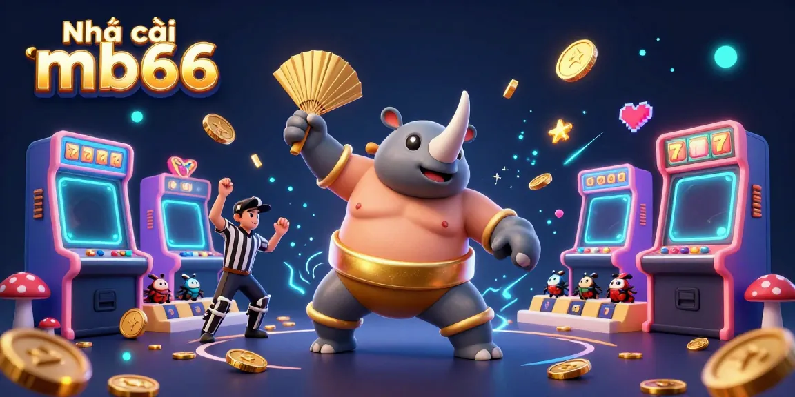 Experience the excitement at Nhà cái mb66 with a dynamic illustration showcasing a beetle sumo champion amidst thrilling casino elements.