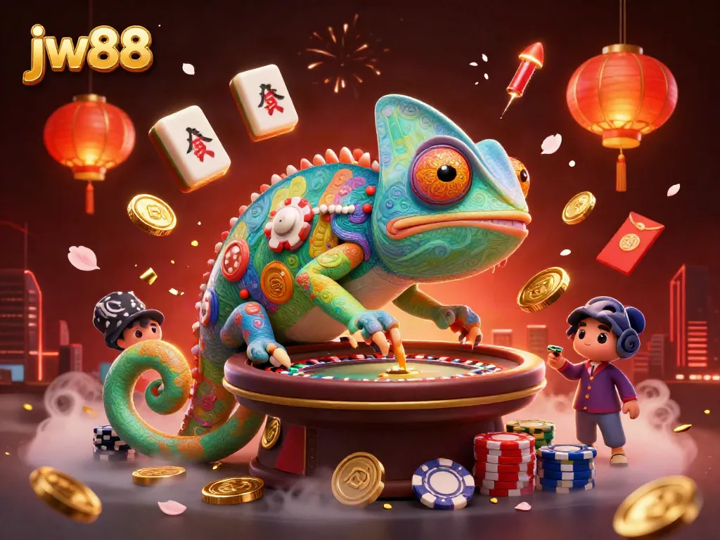 Experience the vibrant energy of jw88 casino with a chameleon owner capturing treasures in a lively atmosphere.