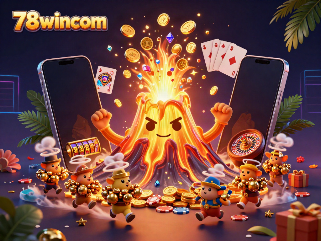 Experience the thrill of 78wincom with a vibrant illustration of a casino scene with treasures erupting.