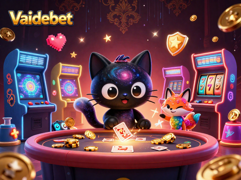 Experience the exciting world of Vaidebet with a cosmic casino illustration featuring a black hole cat and interactive game elements.