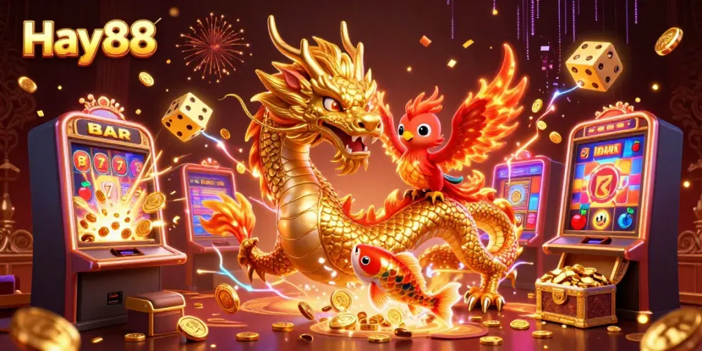 Win big at Hay88 with a dynamic casino scene featuring a dragon and a lucky fish.
