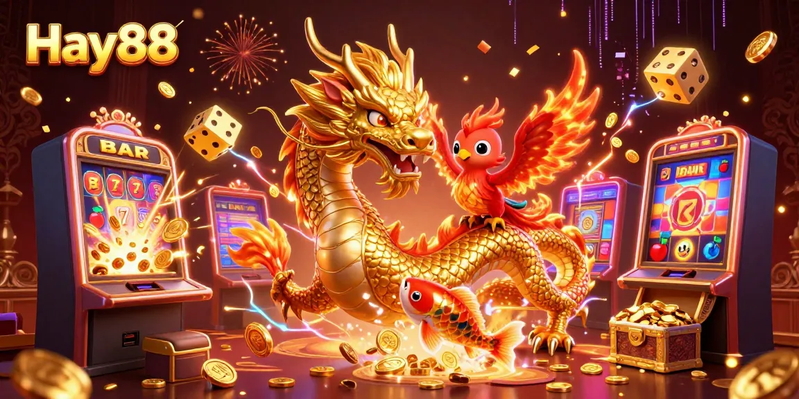Win big at Hay88 with a dynamic casino scene featuring a dragon and a lucky fish.