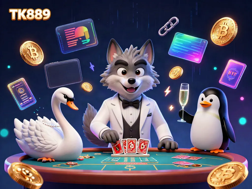 Experience thrilling gaming at TK889 with a lavish baccarat scene featuring vibrant characters and digital elements.