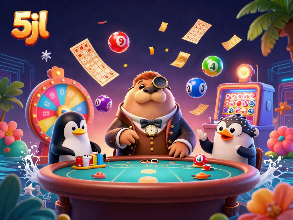 Experience 5jl gaming magic with the jolly walrus at an underwater poker table, surrounded by vibrant casino elements.