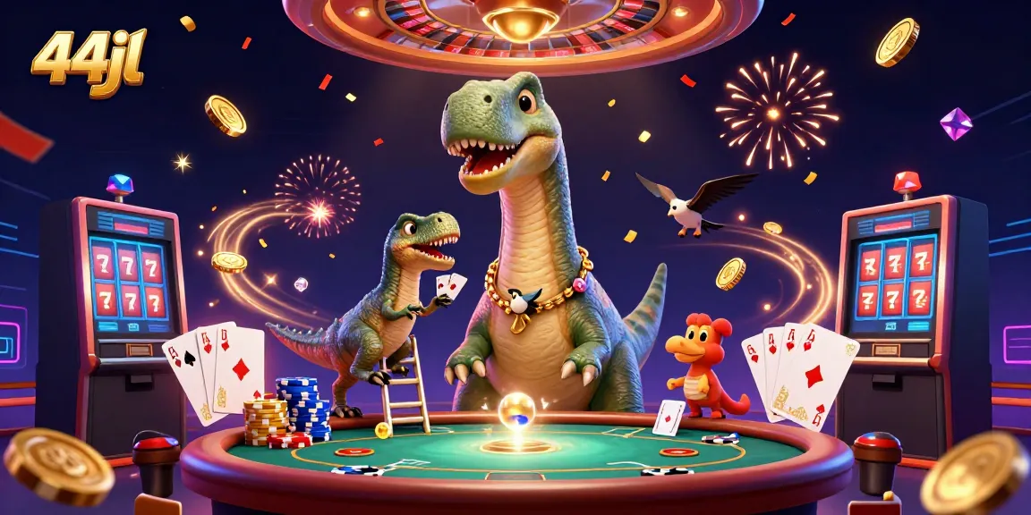 Play exciting games at 44jl with a giant brontosaurus and raptor dealer in a vibrant casino scene.