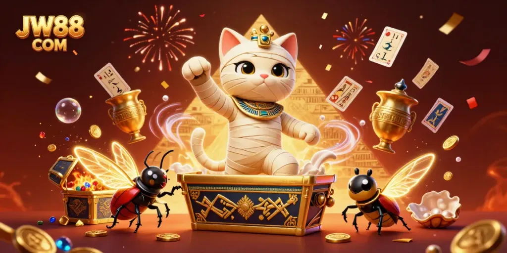 Engage with thrilling adventures at JW88 COM, featuring the mummy cat and treasures in a vibrant casino scene.