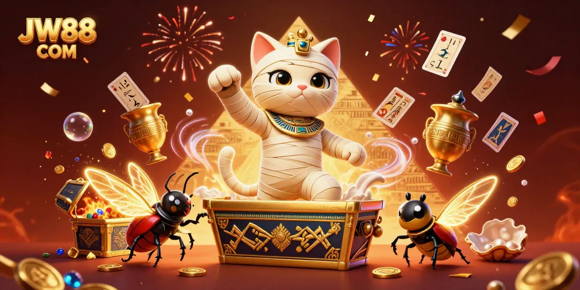 Engage with thrilling adventures at JW88 COM, featuring the mummy cat and treasures in a vibrant casino scene.