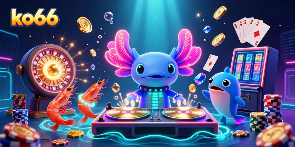Experience the vibrant ko66 casino scene with dancing characters and flying coins.
