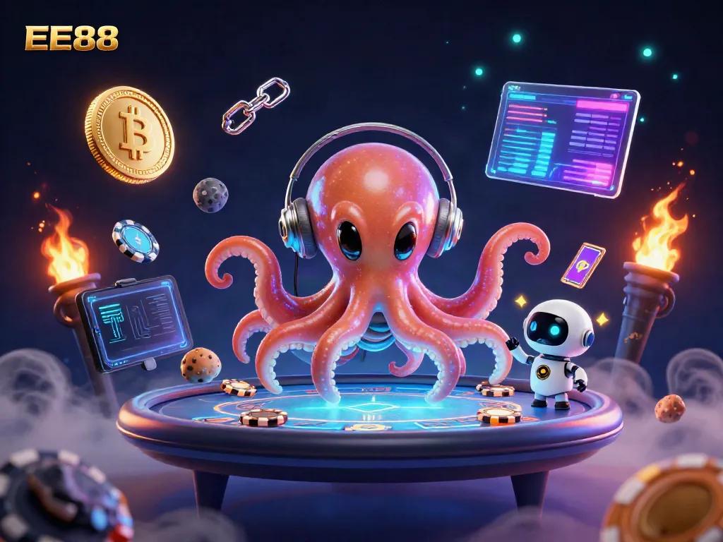 EE88 shows an alien octopus at a holographic poker table amidst cryptocurrency elements.