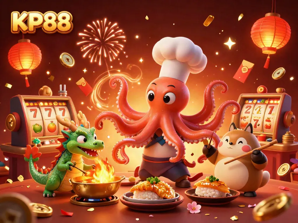 Engaging KP88 casino scene with a dynamic cartoon octopus chef, dragon, and tanuki amidst festive elements.