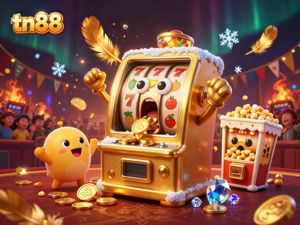 Join tn88's thrilling slot machine jackpot celebration filled with golden coins and vibrant casino energy.