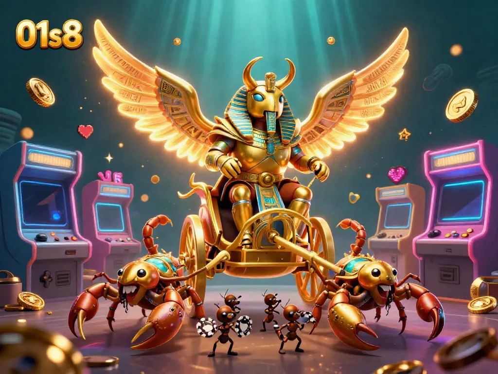 Engage in thrilling gaming with 01s8's vibrant 3D casino illustration featuring dynamic characters and game elements.