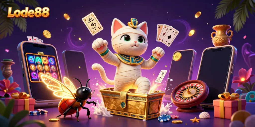 Experience excitement at Lode88 with a dynamic 3D illustration of a mummy cat and games.