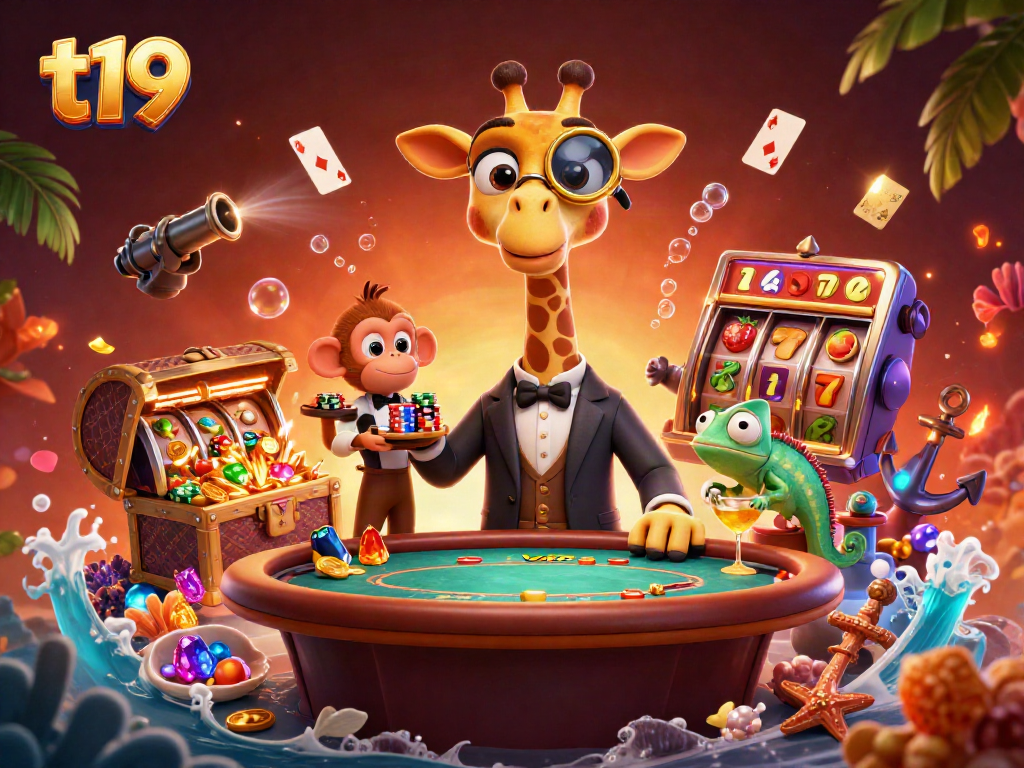 Engage with the thrilling t19 casino world featuring a high-roller giraffe and a vibrant setting.