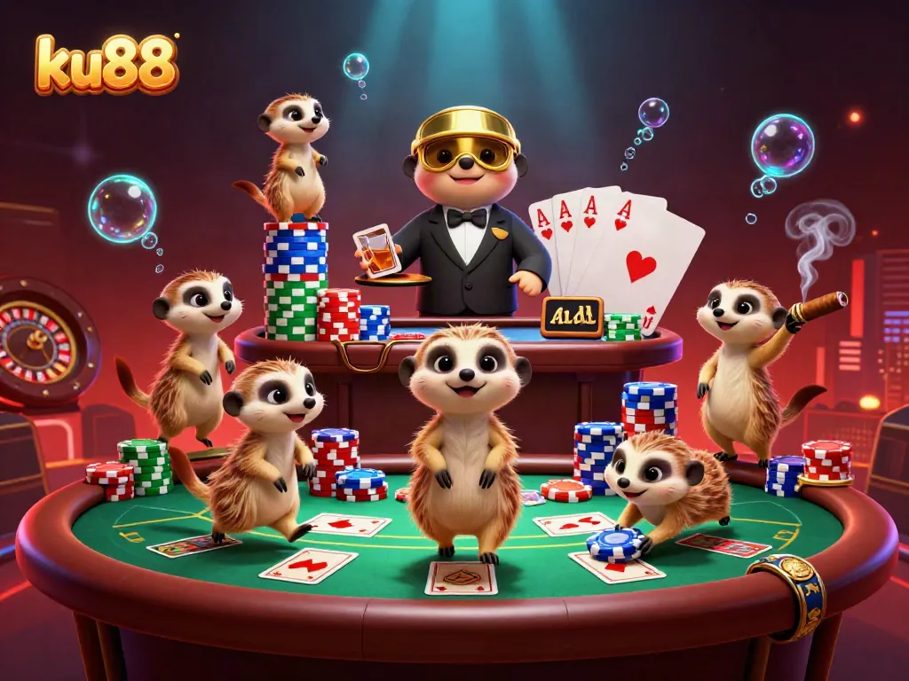 Engage in exciting gaming strategies at ku88's colorful casino environment with lively meerkat characters.