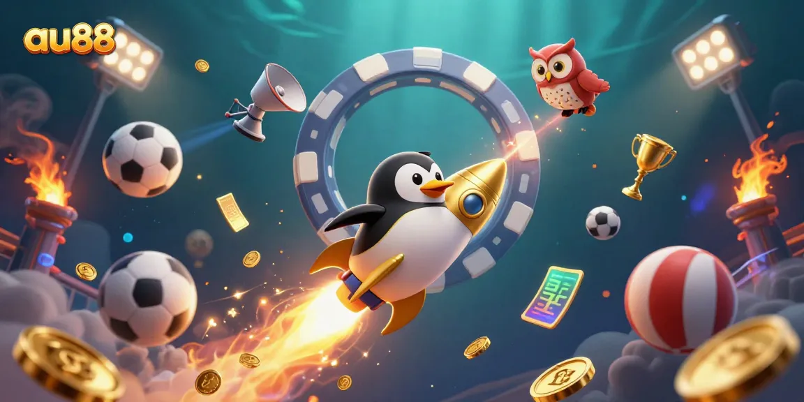 Experience vibrant online gaming with au88 featuring a golden penguin and dynamic sports elements.