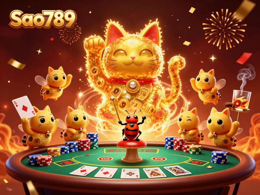 Sao789 showcases a vibrant online casino scene with a lucky cat and dynamic poker elements.