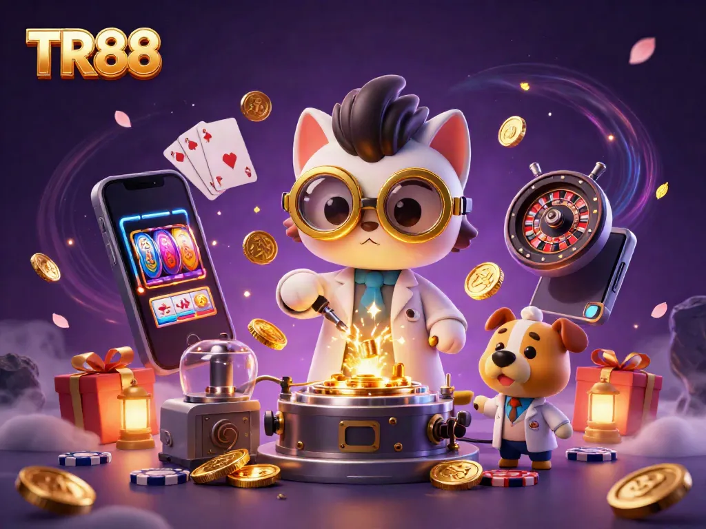 Win big at TR88 with a captivating scene filled with mad scientist cat, lab assistant dog, and gaming elements.