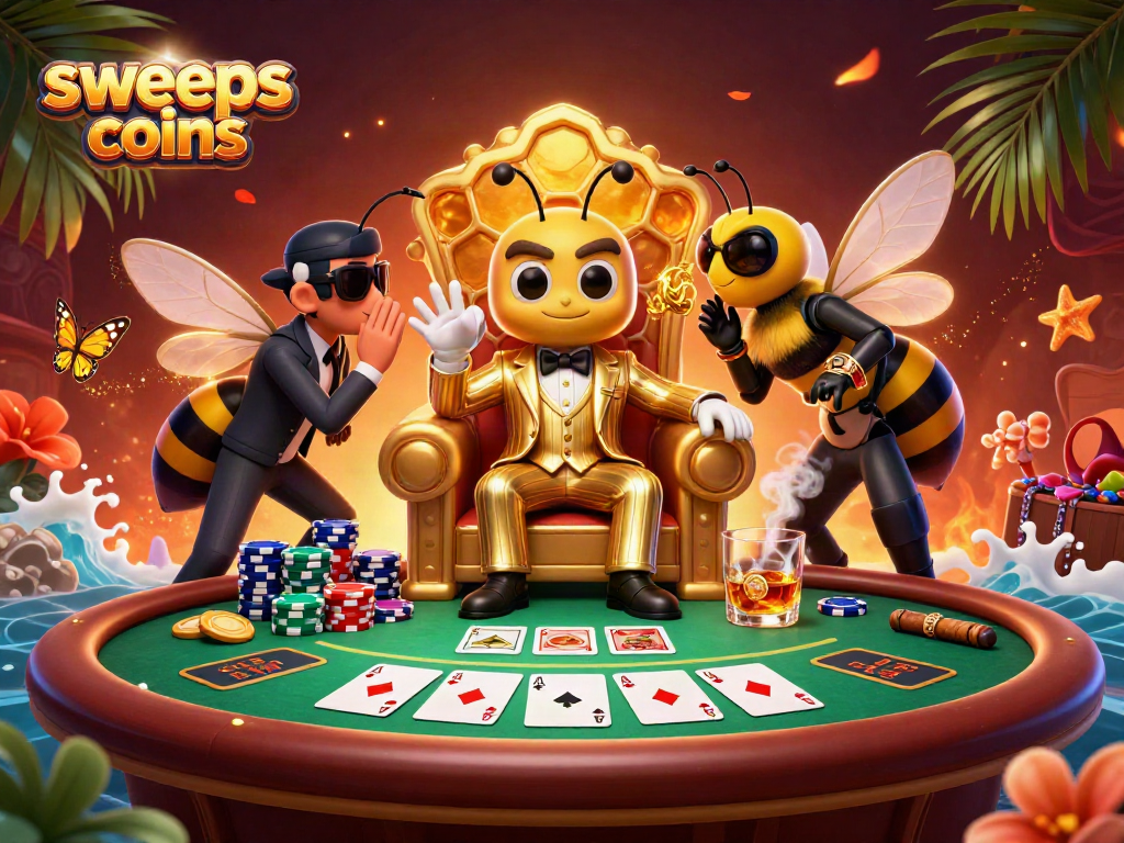 Engage in the sweeps coins casino action with a vibrant scene featuring a bee mob boss and poker elements.