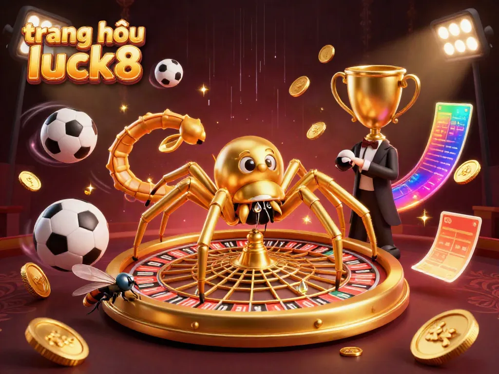 Engaging scene showing a golden spider web roulette with dynamic sports elements, promoting trang chủ luck8.